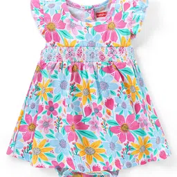 Babyhug 100% Cotton Knit Frill Sleeves Frock Style Onesie with Floral Print - Blue & Pink-image-61