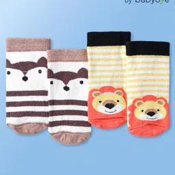 Babyoye Cotton Knit Animal and Stripe Print Ankle Socks Pack of 2 - Yellow and Brown-image-55