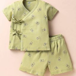Zero Interlock Knit Half Sleeves Shorts Night Suit With Teddy Bear Print - Green-picture-16