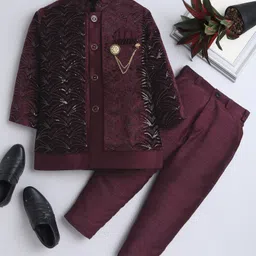 Ahhaaaa Velvet Full Sleeves Threadwork Embroidered Sequins Embellished Indo Western Style Kurta Pant Set - Wine-picture-10