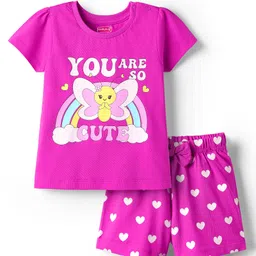 Babyhug Cotton Knit Half Sleeves Shorts Night Suit With You Are Cute Text Print - Dark Pink-picture-23