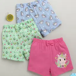 BUMZEE Cotton Knit Above Knee Length Floral & Unicorn Printed Shorts With Bow Applique Pack of 3 - Green Blue & Pink-image-6