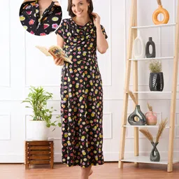 Bella Mama Cotton Knit Half Sleeves Nurisng Nighty with Concealed Zipper With Fruit Print & Pocket Detailing- Black-picture-16