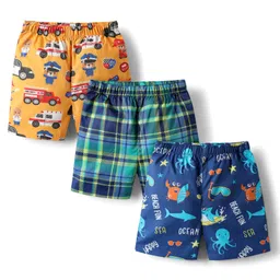 Babyhug Cotton Woven Above Knee Length Boxer with Check Animal & Cars Print Pack of 3 - Blue Yellow Green-image-88