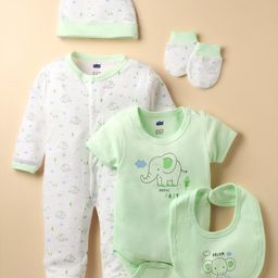 Simply Interlock Knit Full Sleeves Elephant Printed Footed Romper & Onesie With Cap Bib & Mittens - Mint Green-picture-22