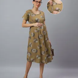 Mamma's Maternity Cotton Woven Half Sleeves Geometric Printed Maternity Night Dress With Side Zipper Nursing Access - Mustard Yellow-picture-33