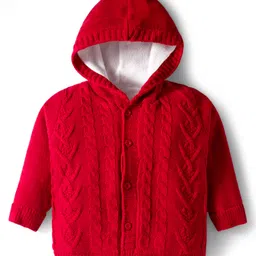Babyhug Knit Full Sleeves Front Open Hooded Sweater with Cable Knit Design - Red-picture-38