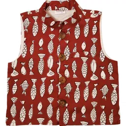 Snowflakes Cotton Woven Sleeveless Fishes Printed Jacket - Red-picture-14
