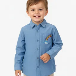 Pranava Organic Cotton Woven Full Sleeves Rainbow Embroidered Shirt - Blue-image-40