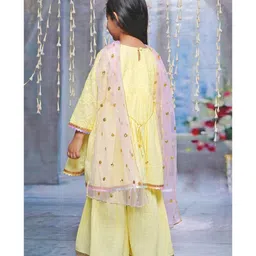Little Bansi Cotton Three Fourth Sleeves Floral Embroidered Kurta Sharara With Dupatta Set - Lemon Yellow image 3