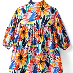 Babyhug Cotton Woven Full Drop Shoulder Peasant Sleeves Collared Frock with Floral Print - White Blue & Red image 2