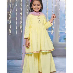 Little Bansi Cotton Three Fourth Sleeves Floral Embroidered Kurta Sharara With Dupatta Set - Lemon Yellow image 4