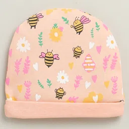 BUMZEE Cotton Knit Bees Print ed Cap Mitten & Booties Set - Peach image 3