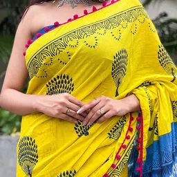 JAIPURI PRINT Ethnic Motif Pure Cotton Pompom Border Saree image 2