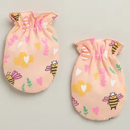 BUMZEE Cotton Knit Bees Print ed Cap Mitten & Booties Set - Peach image 4