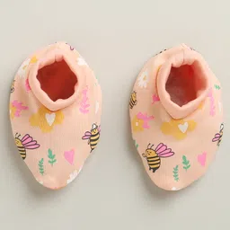 BUMZEE Cotton Knit Bees Print ed Cap Mitten & Booties Set - Peach image 5