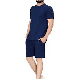 SATPURUSH Men Navy Blue Solid Relaxed Fit T-Shirt & Shorts Night Suit Set image 4