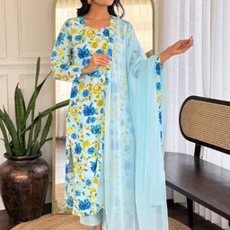 RUNAYA NX Floral Printed Notch Neck Chanderi Silk Kurta With Trousers & Dupatta image 2