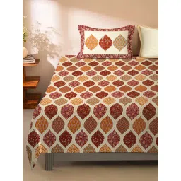 Rajasthan Decor Beige Geometric Print Cotton King Size Bed sheet with 2 Pillow Covers Multi Color image 2