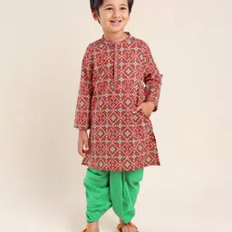 Babyhug 100% Cambric Full Sleeve Printed Kurta With Solid Dhoti Set - Rust & Green-picture-16