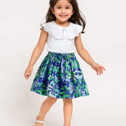 Babyhug Cotton Woven Sleeveless Floral Printed Top & Shorts Set with Chifilli Detailing - White & Blue-picture-22