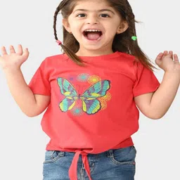Bonkids Cotton Knit Half Sleeves Butterfly Printed Tie Up Tee - Tomato Red image 1