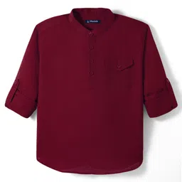 Pine Kids Cotton Woven Full Sleeves Mandarin Collar Solid Colour Kurta Style Shirt - Red-picture-20