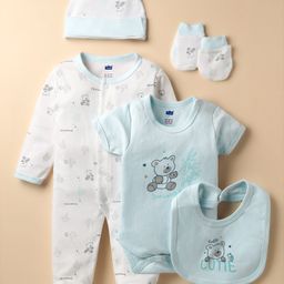 Simply Interlock Knit Full Sleeves Teddy Bear Printed Footed Romper & Onesie With Cap Bib & Mittens - Light Blue-picture-21