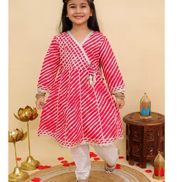 AJ Dezines Cotton Woven Full Sleeves Leheriya Printed & Gota Lace Embellished Kurti Pajama Set - Red image 1
