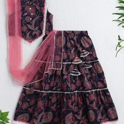 The Magic Wand Cotton Woven Sleveless Floral Printed Lace Detailed Lehenga Choli With Dupatta Set - Navy Blue-picture-11