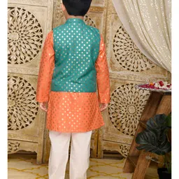 Saka Designs by Sapna Foil Printed Full Sleeves Kurta and Pyjama with Jacket - Teal & Orange image 3