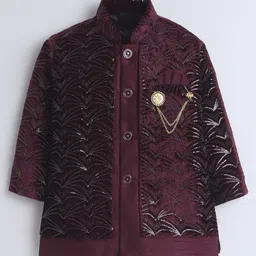 Ahhaaaa Velvet Full Sleeves Threadwork Embroidered Sequins Embellished Indo Western Style Kurta Pant Set - Wine image 3