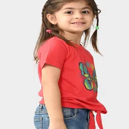 Bonkids Cotton Knit Half Sleeves Butterfly Printed Tie Up Tee - Tomato Red image 3