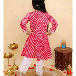 AJ Dezines Cotton Woven Full Sleeves Leheriya Printed & Gota Lace Embellished Kurti Pajama Set - Red image 3