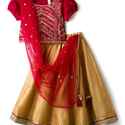 Babyhug Brocade Woven Puff Sleeves Choli Lehenga & Dupatta Set with Floral Embroidery - Red & Beige image 2