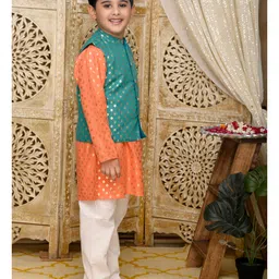 Saka Designs by Sapna Foil Printed Full Sleeves Kurta and Pyjama with Jacket - Teal & Orange image 4