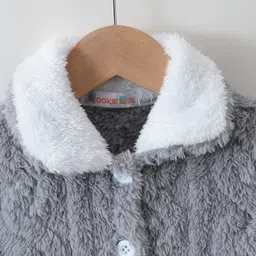 Kookie Kids Full Sleeves Front Open Winter Wear Night Suit With Pocket Teddy & Text Embroidery - Grey image 3