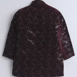 Ahhaaaa Velvet Full Sleeves Threadwork Embroidered Sequins Embellished Indo Western Style Kurta Pant Set - Wine image 4