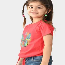 Bonkids Cotton Knit Half Sleeves Butterfly Printed Tie Up Tee - Tomato Red image 4