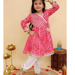 AJ Dezines Cotton Woven Full Sleeves Leheriya Printed & Gota Lace Embellished Kurti Pajama Set - Red image 4