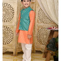 Saka Designs by Sapna Foil Printed Full Sleeves Kurta and Pyjama with Jacket - Teal & Orange image 5