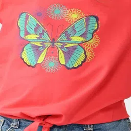 Bonkids Cotton Knit Half Sleeves Butterfly Printed Tie Up Tee - Tomato Red image 5