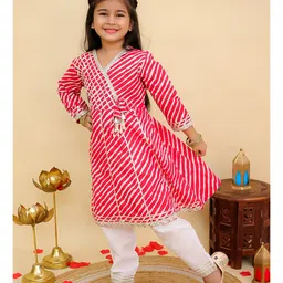 AJ Dezines Cotton Woven Full Sleeves Leheriya Printed & Gota Lace Embellished Kurti Pajama Set - Red image 5