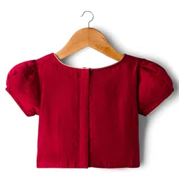 Babyhug Brocade Woven Puff Sleeves Choli Lehenga & Dupatta Set with Floral Embroidery - Red & Beige image 4