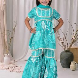 Cutiekins Girls Floral Printed A-Line Kurta with Sharara & Dupatta-picture-12