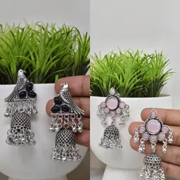 MEIRA JEWELLERY Set Of 2 Silver-Plated Dome Shaped Jhumkas-picture-24