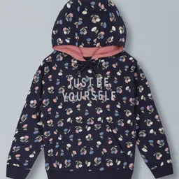 Plum Tree Full Sleeves Floral & Just Be Yourself Printed Hooded Cotton Sweatshirt - Midnight Navy-picture-18