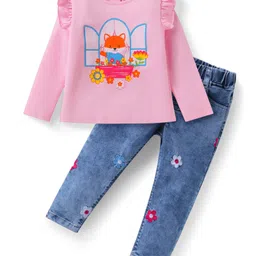 Babyhug Single Jersey Knit Full Sleeves Fox Printed Top & Floral Embroidered Denim Jeans Set - Pink & Blue-picture-22
