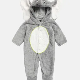 MINI KLUB Cotton Full Sleeves Elephant Designed Hooded Sleepsuit - Grey-image-9