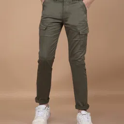 CRIMSOUNE CLUB Cotton Solid Cargo Trousers - Olive Green-picture-25